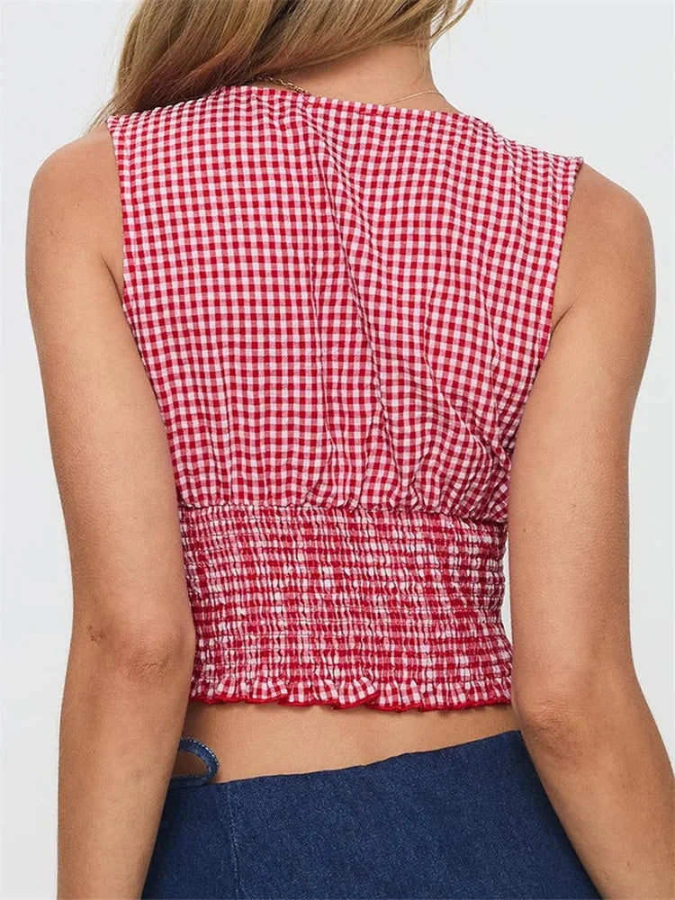 Plaid Bow Ruffle Hem Deep V-neck Crop Top