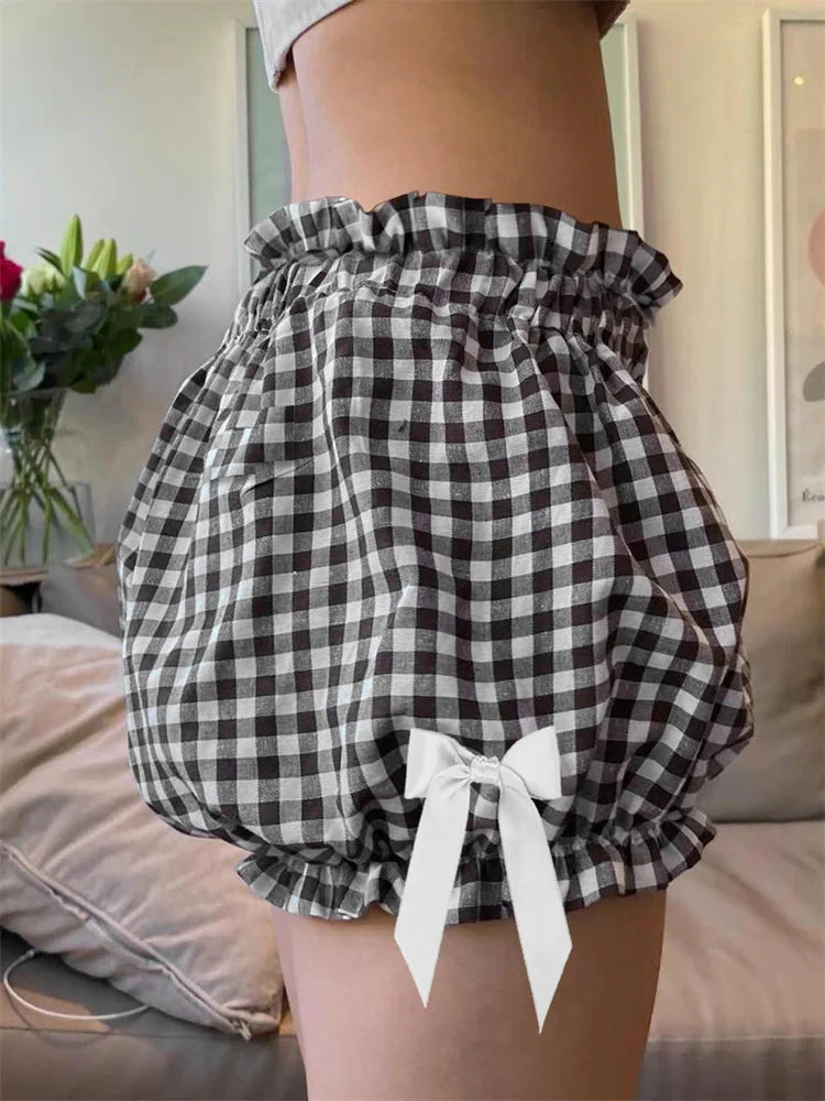 Plaid Bowknot Loose Bloomer Short