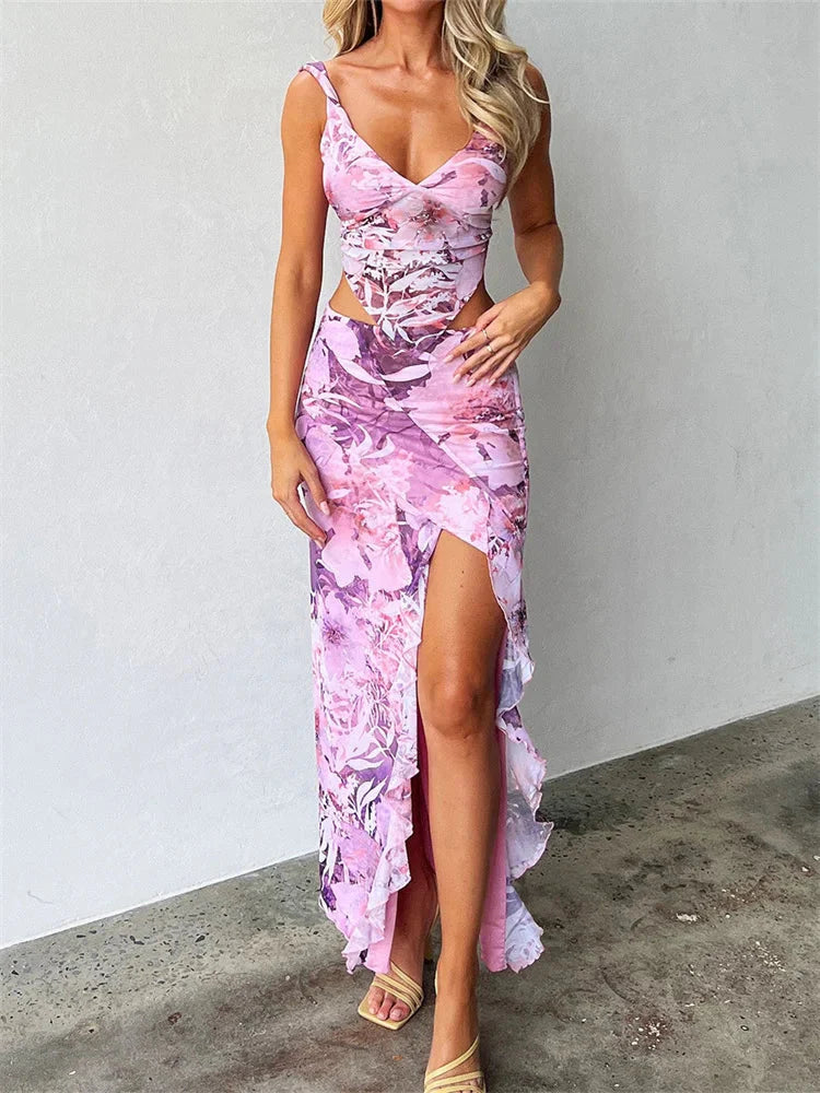 Lace V-neck Backless Camis Top High Split Skirt Summer Set