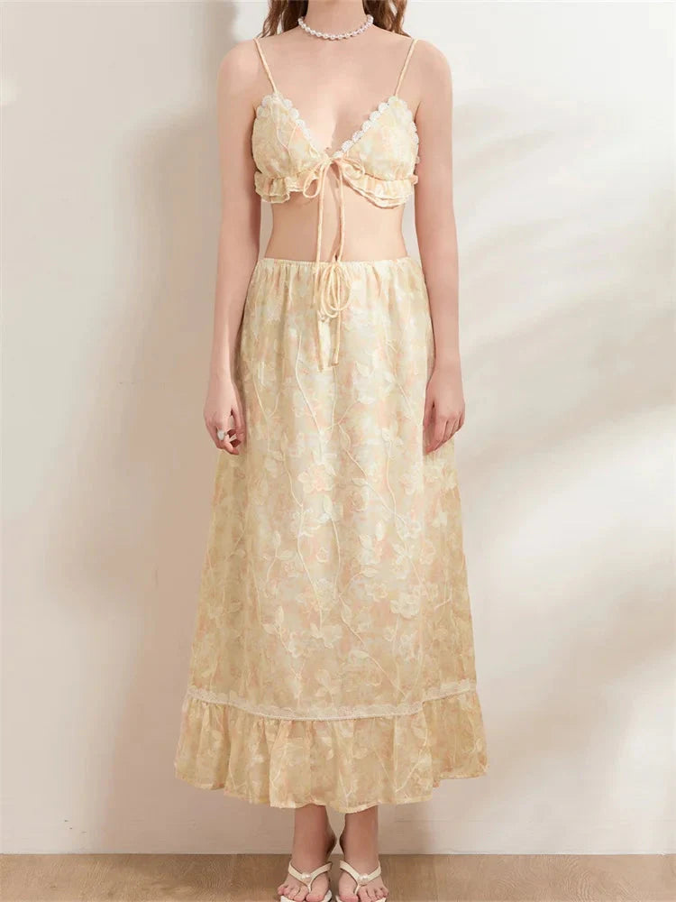 Backless Tie-up Camisoles Crop Top with Long Skirts Set
