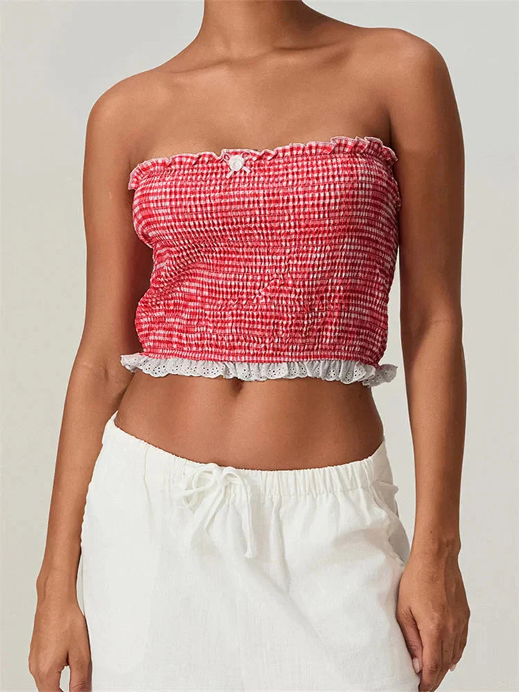 Tube Bow Lace Trim Ruched Plaid Crop Top
