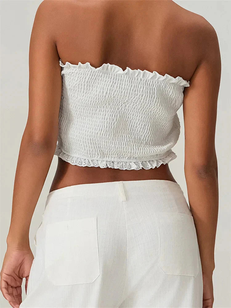 Tube Bow Lace Trim Ruched Plaid Crop Top