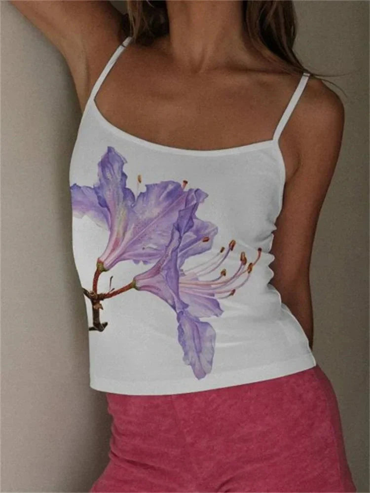 Y2K Flower Print Slim Strap Tank Crop Top