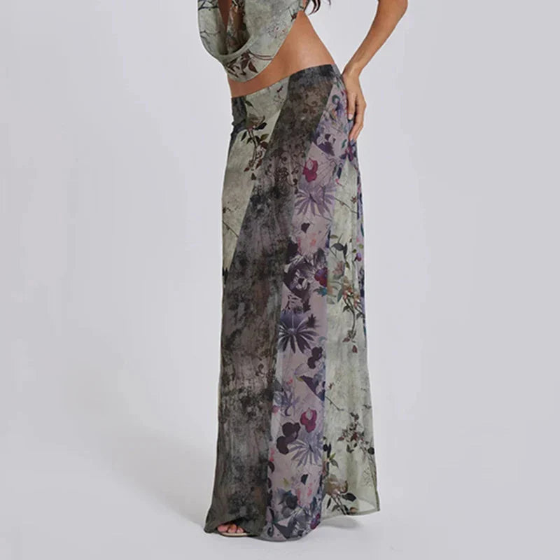 Retro Floral Print Long Patchwork Mesh Low Rise Skirt