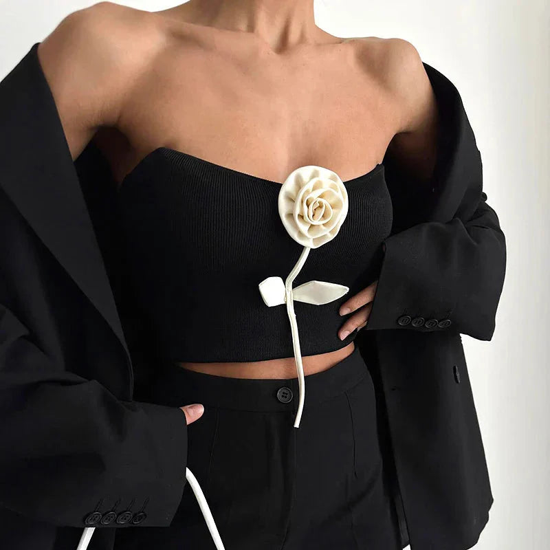 Solid Elegant Sleeveless Strapless Casual Flower Tube Crop Top