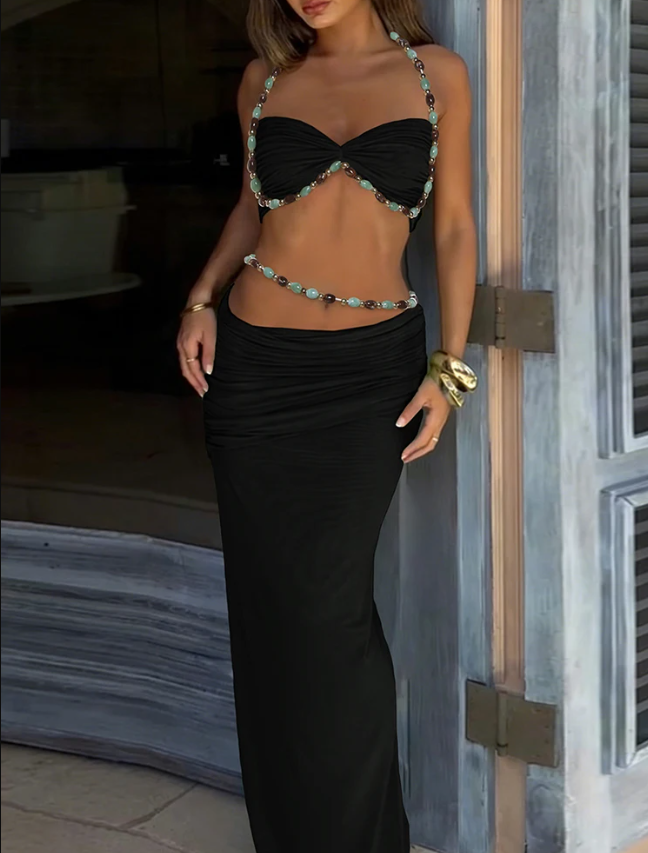 Emara Stretch Mesh Hand Beaded Detachable Belt Gathered Waist Vacation Maxi Skirt
