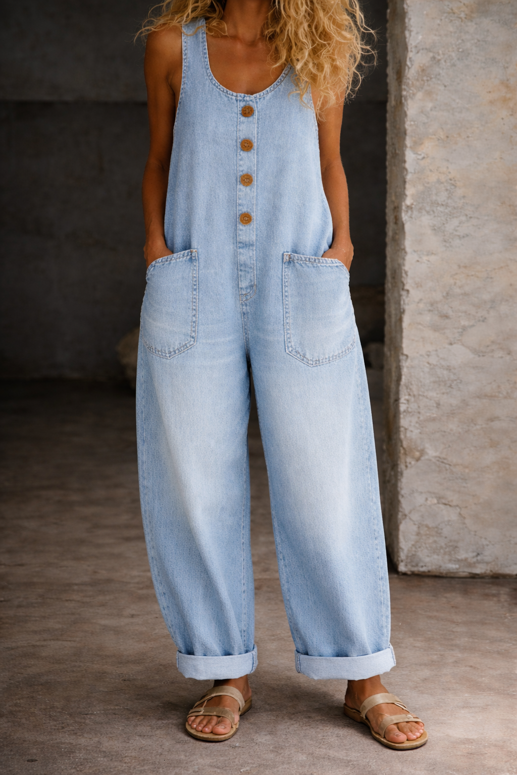 Scoop Neck Wide Leg Denim Overalls