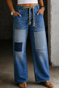 Patchwork Drawstring Wide Leg Jeans