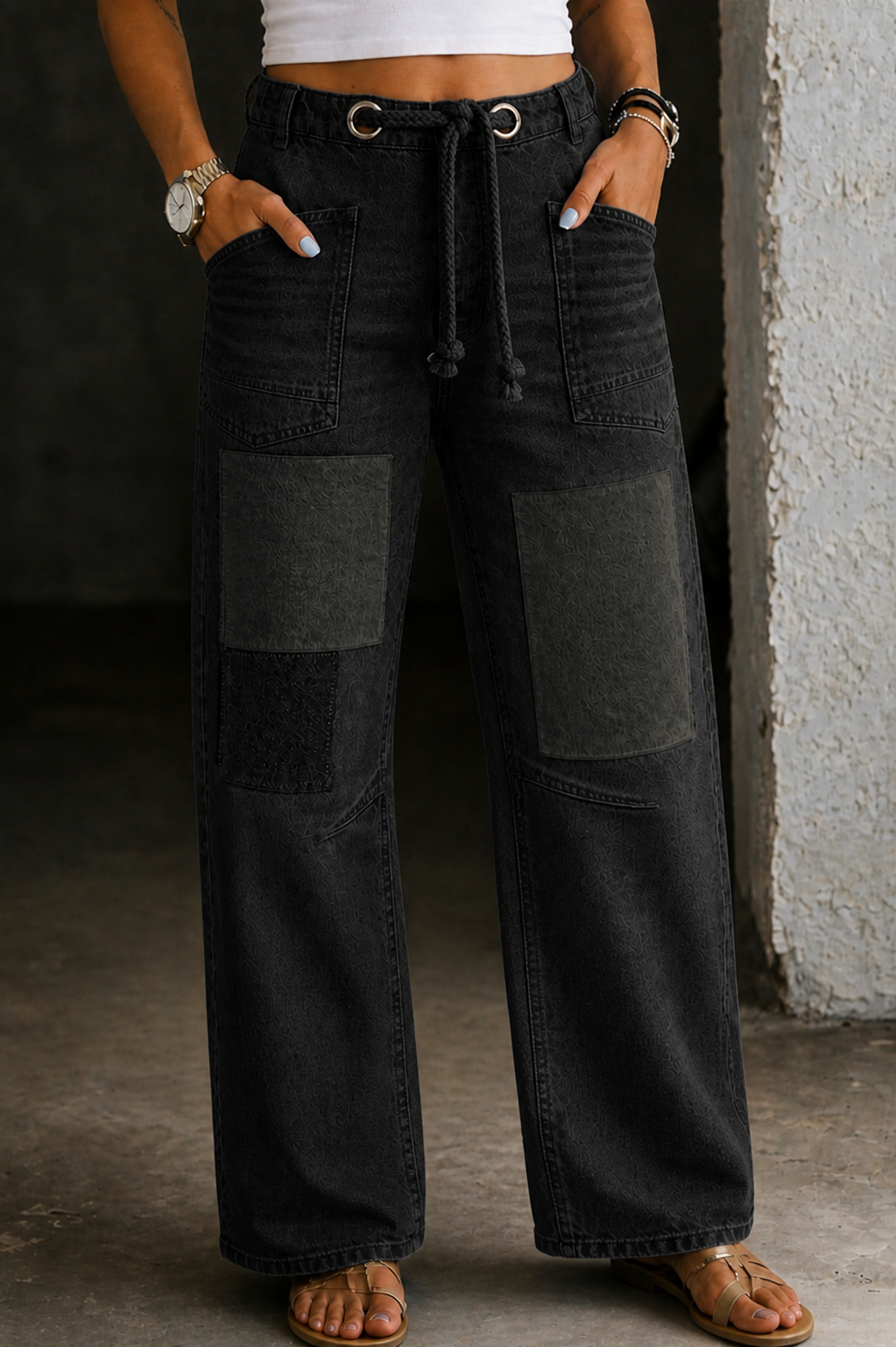 Patchwork Drawstring Wide Leg Jeans