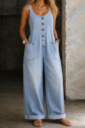 Scoop Neck Wide Leg Denim Overalls
