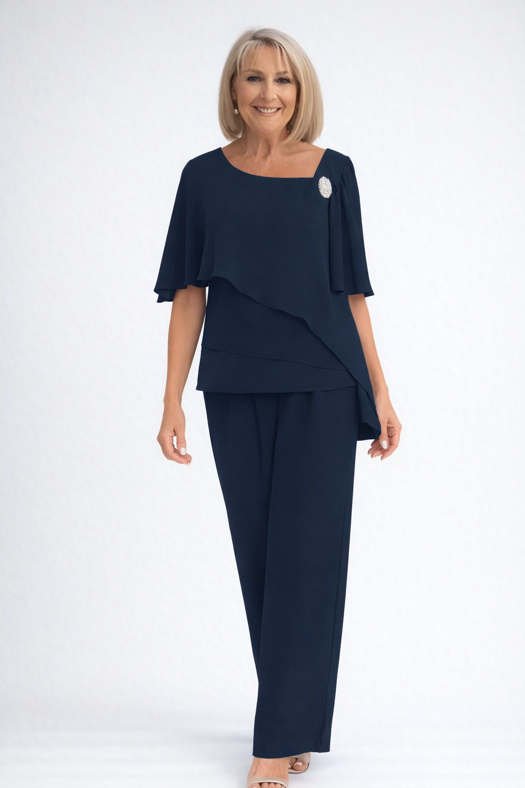 Chiffon Cape Top Trouser Two Piece Set - Formal Occasion