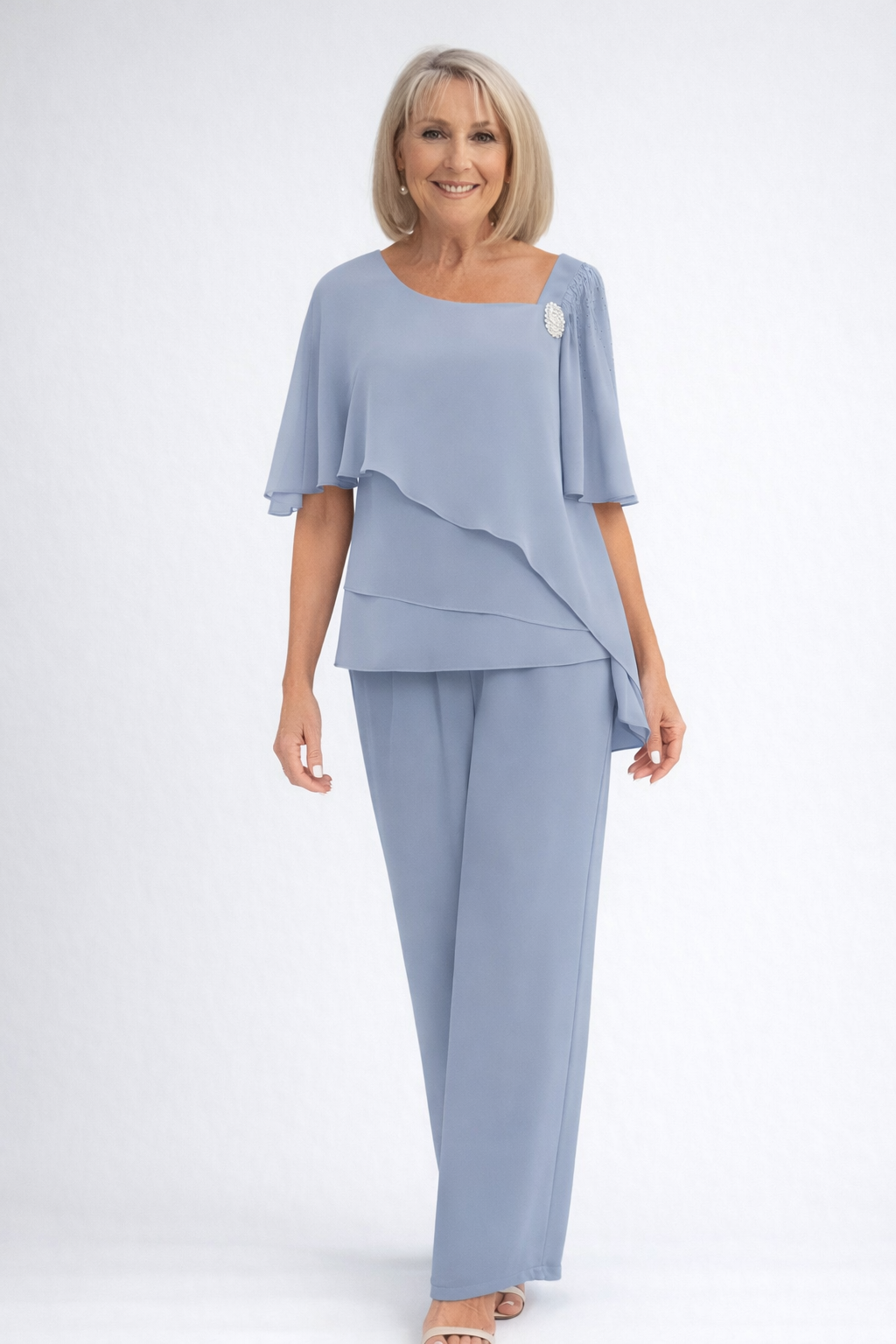 Chiffon Cape Top Trouser Two Piece Set - Formal Occasion