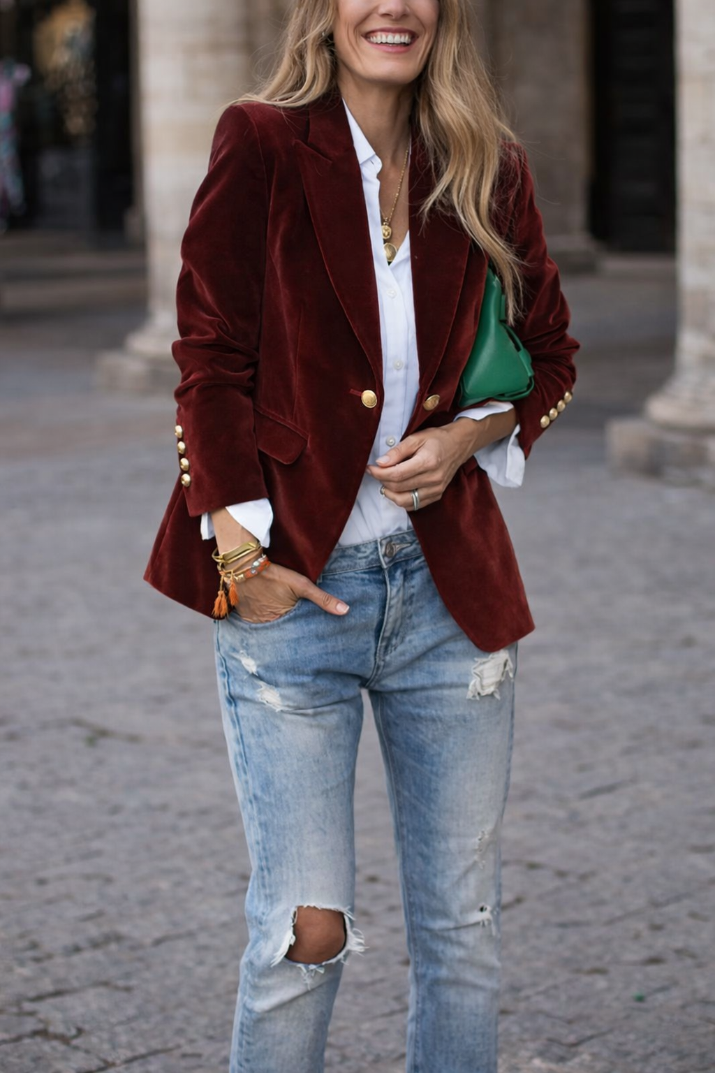 Gold Button Cuff Peak Lapel Slim Fit Velvet Blazer