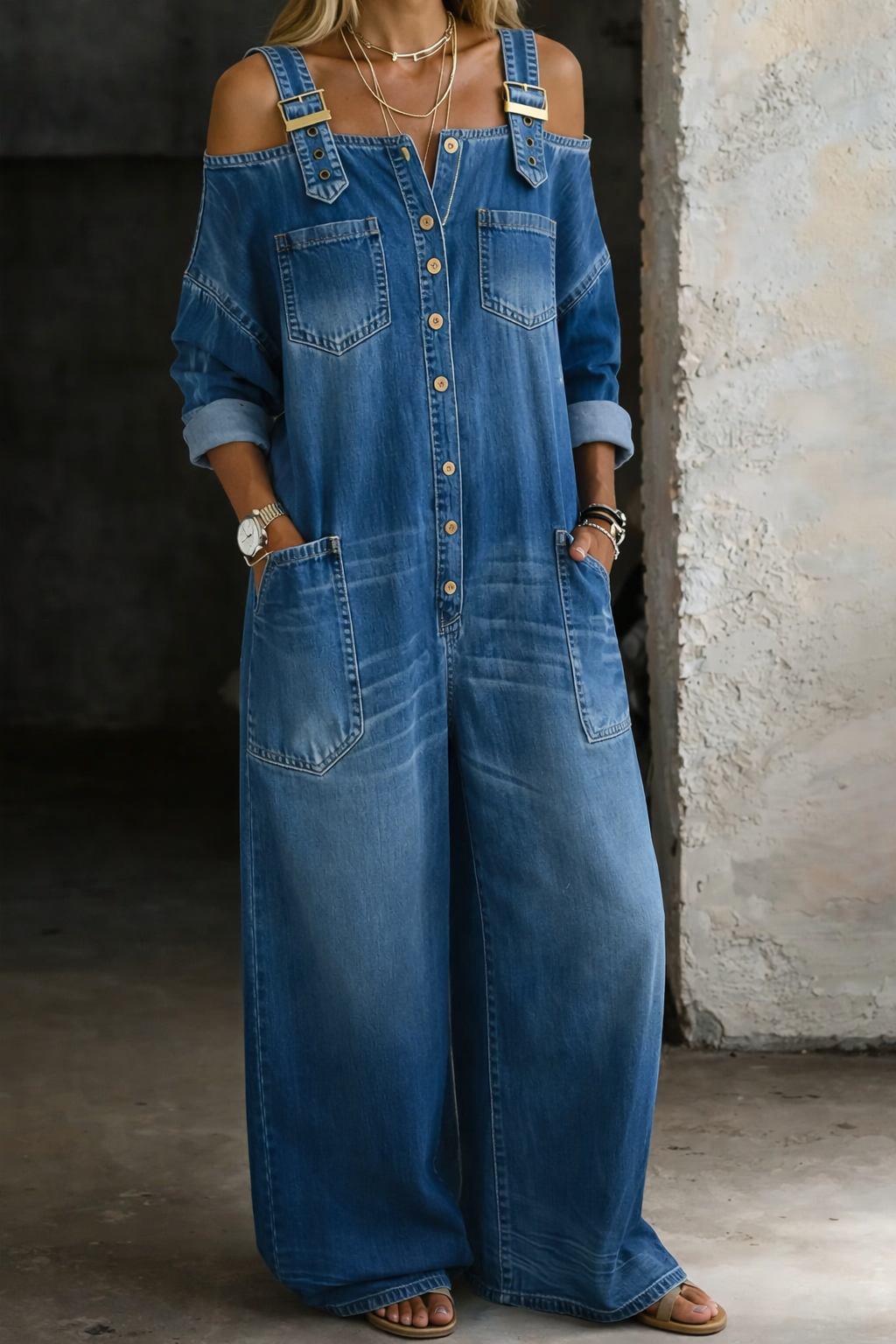 Wide Leg Denim Dungaree Jumpsuit