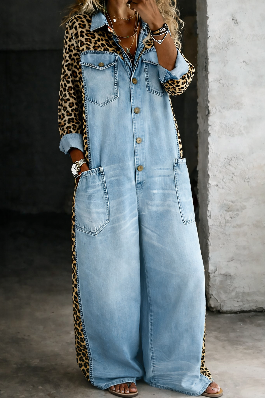 Leopard Print Denim Colorblock Jumpsuit