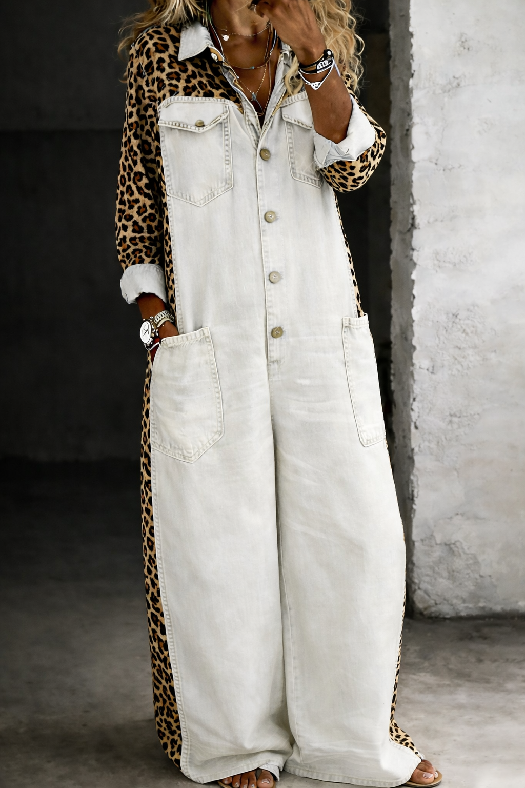 Leopard Print Denim Colorblock Jumpsuit