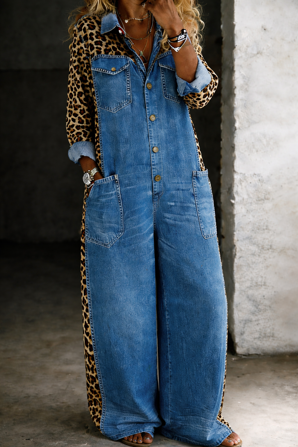 Leopard Print Denim Colorblock Jumpsuit