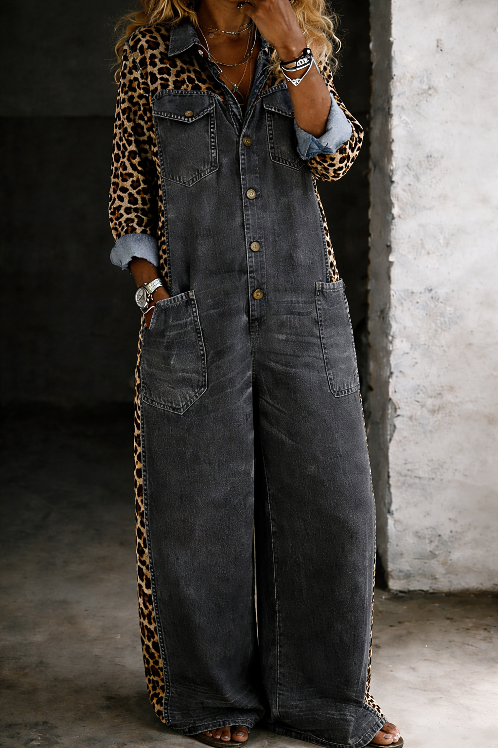 Leopard Print Denim Colorblock Jumpsuit