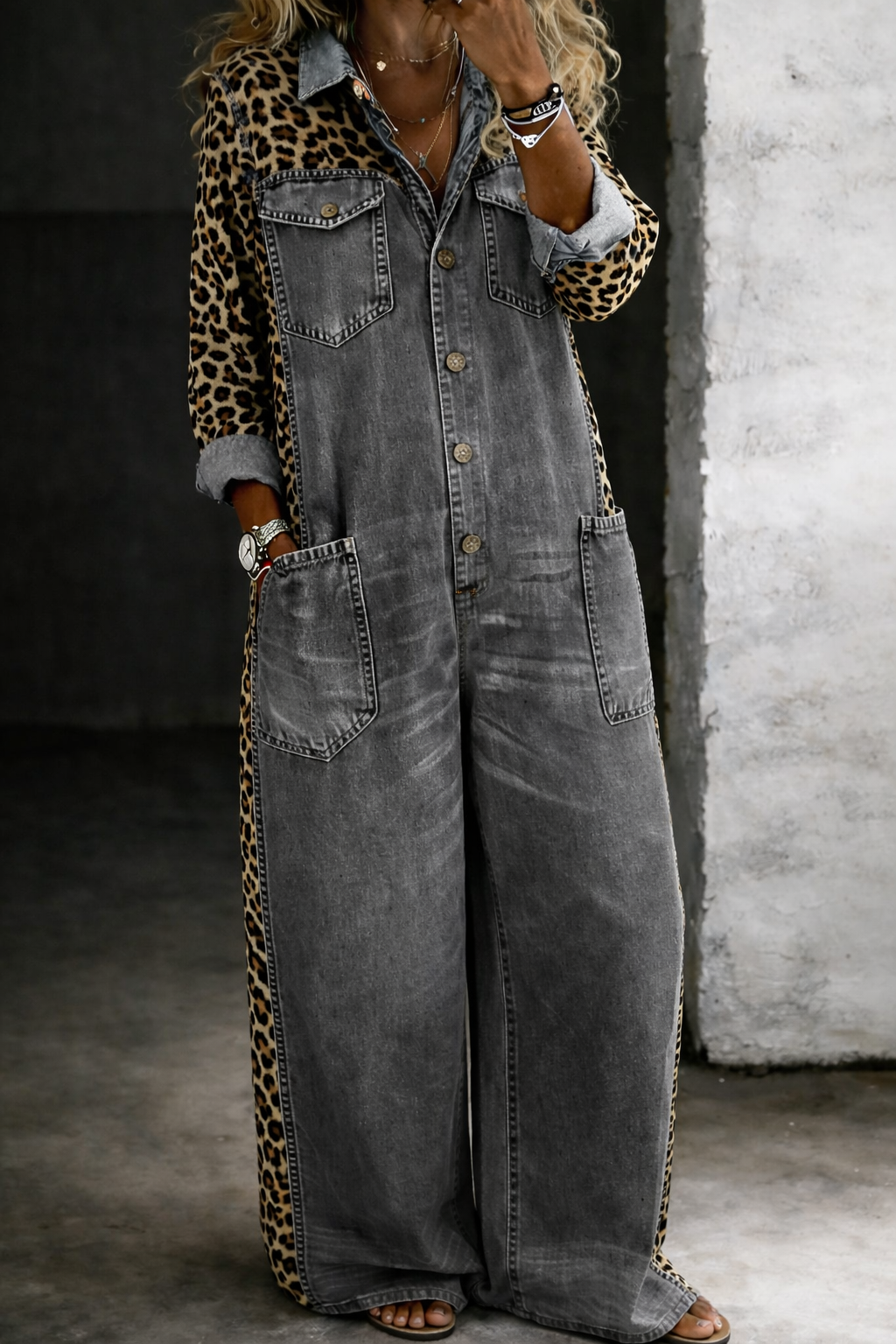 Leopard Print Denim Colorblock Jumpsuit
