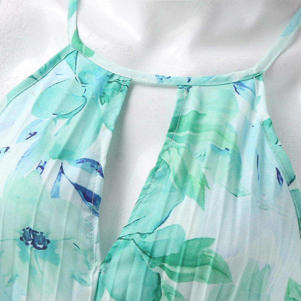 Floral Halter Neck Pleated Twist Waist Maxi Dress - Wedding Guest