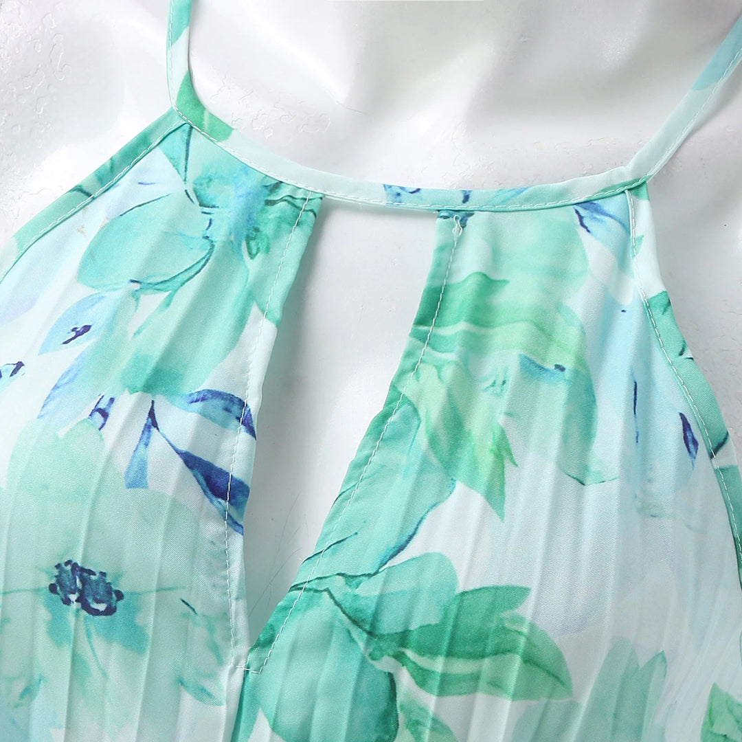 Floral Halter Neck Pleated Twist Waist Maxi Dress - Wedding Guest