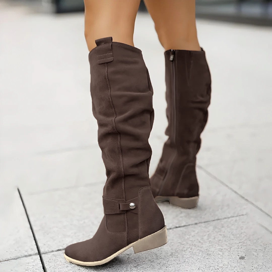 Suede Slouch Ankle Strap Low Block Heel Knee High Boots