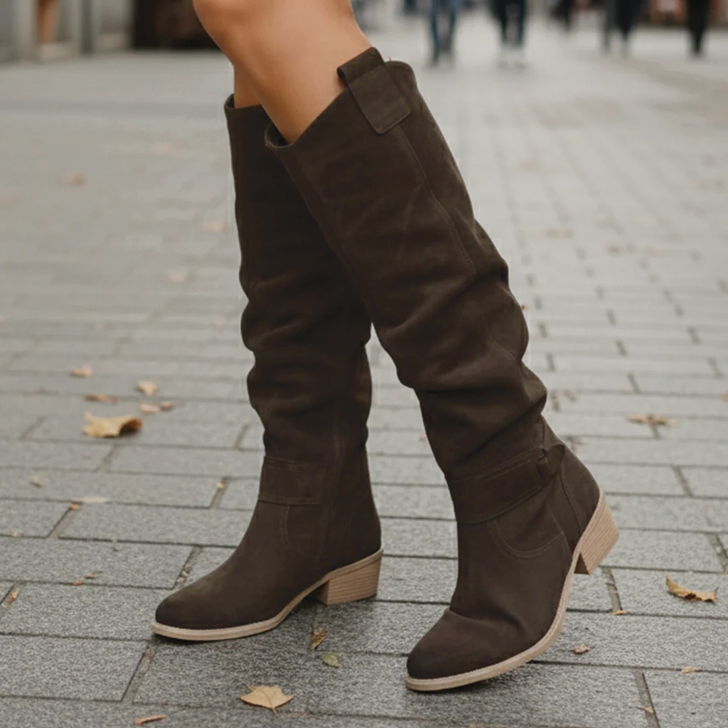 Suede Slouch Ankle Strap Low Block Heel Knee High Boots