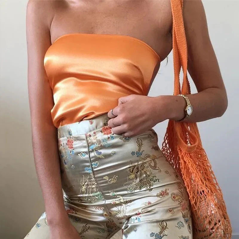 Satin Tie-Up Tube Crop Top