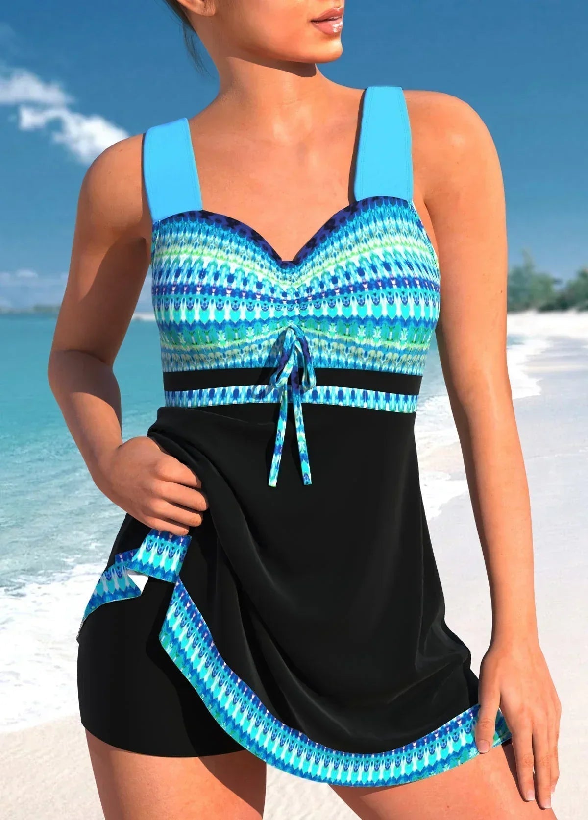 Nautical Striped Anchor Print Tie Front Skirted Tankini Set