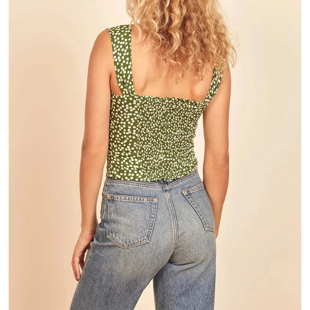 Polka Dot Sweetheart Neck Smocked Sleeveless Fitted Crop Top