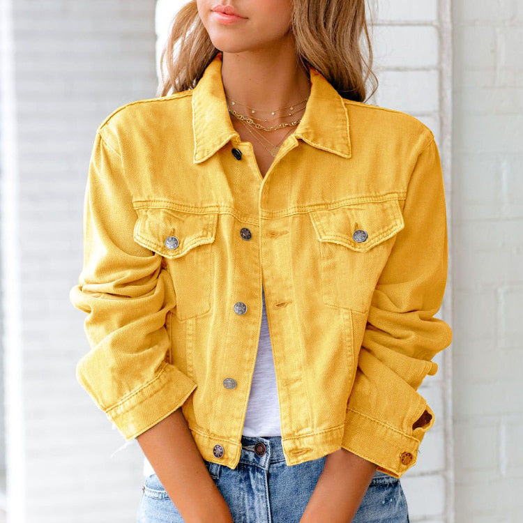 Cropped Button-Front Denim Jacket with Chest Pockets