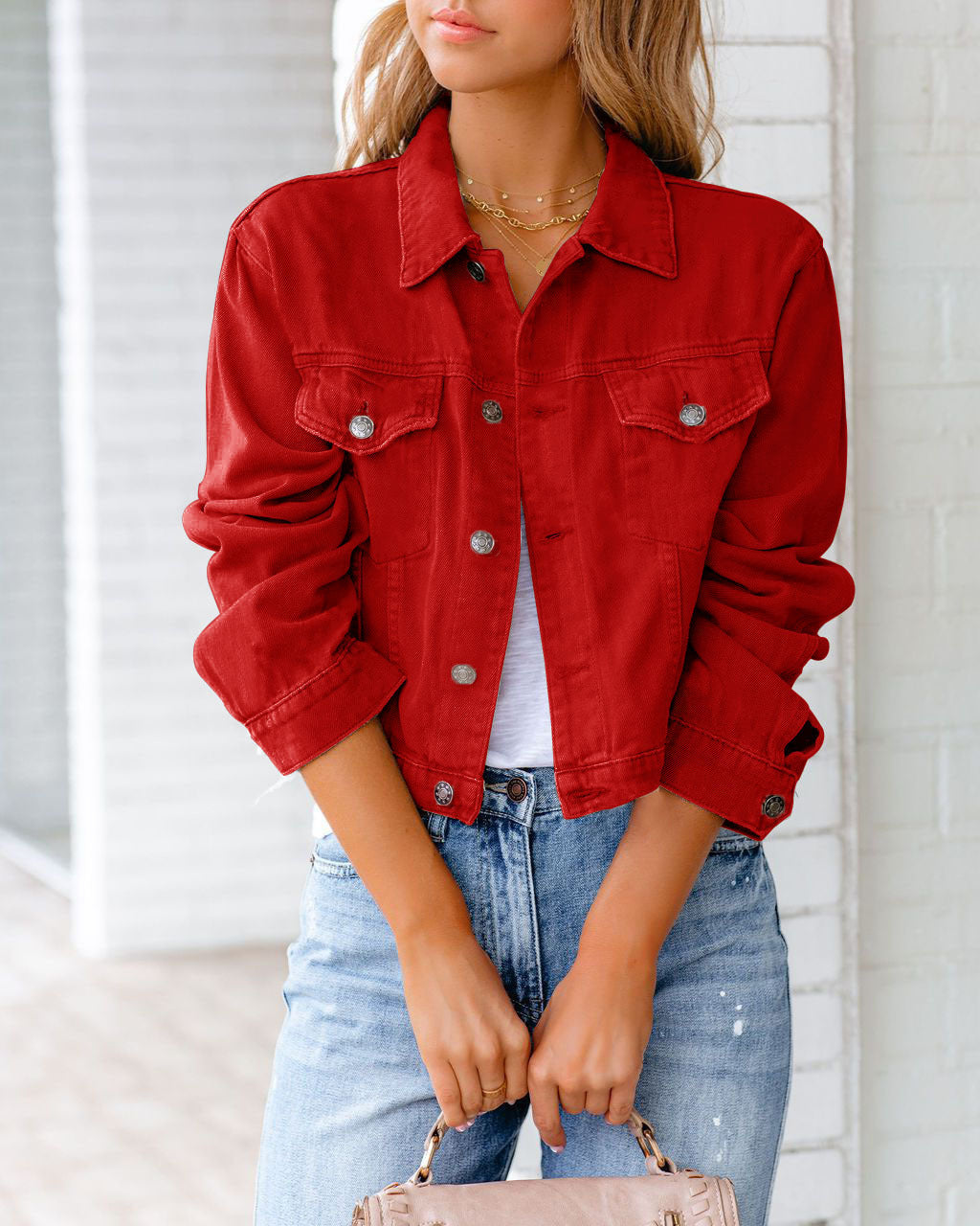 Cropped Button-Front Denim Jacket with Chest Pockets