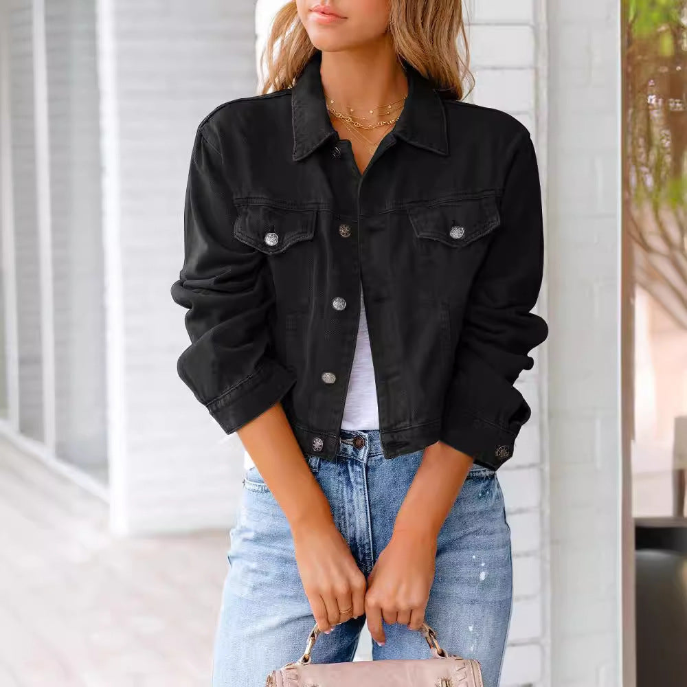 Cropped Button-Front Denim Jacket with Chest Pockets