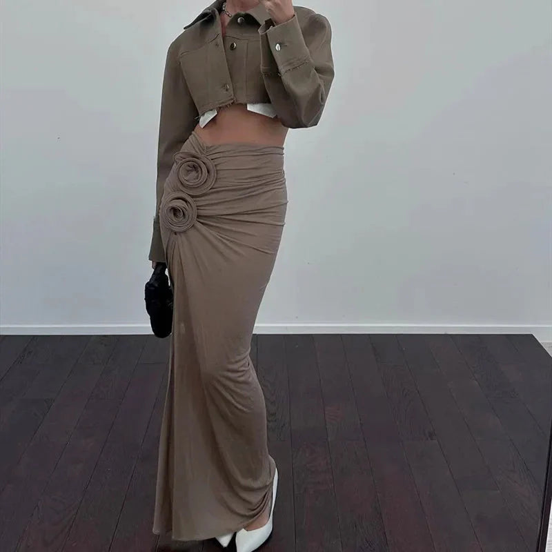 Ruched Split Floral Applique Maxi Skirt