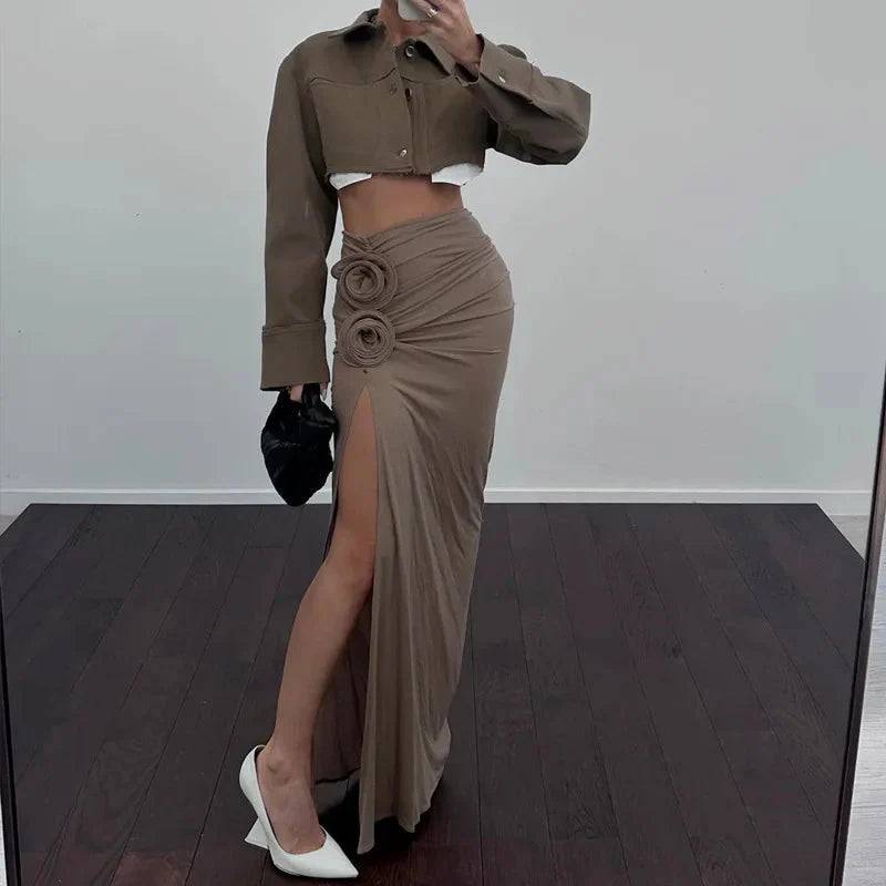 Ruched Split Floral Applique Maxi Skirt