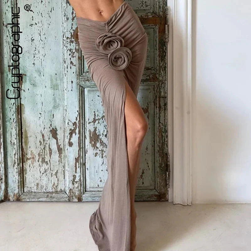 Ruched Split Floral Applique Maxi Skirt