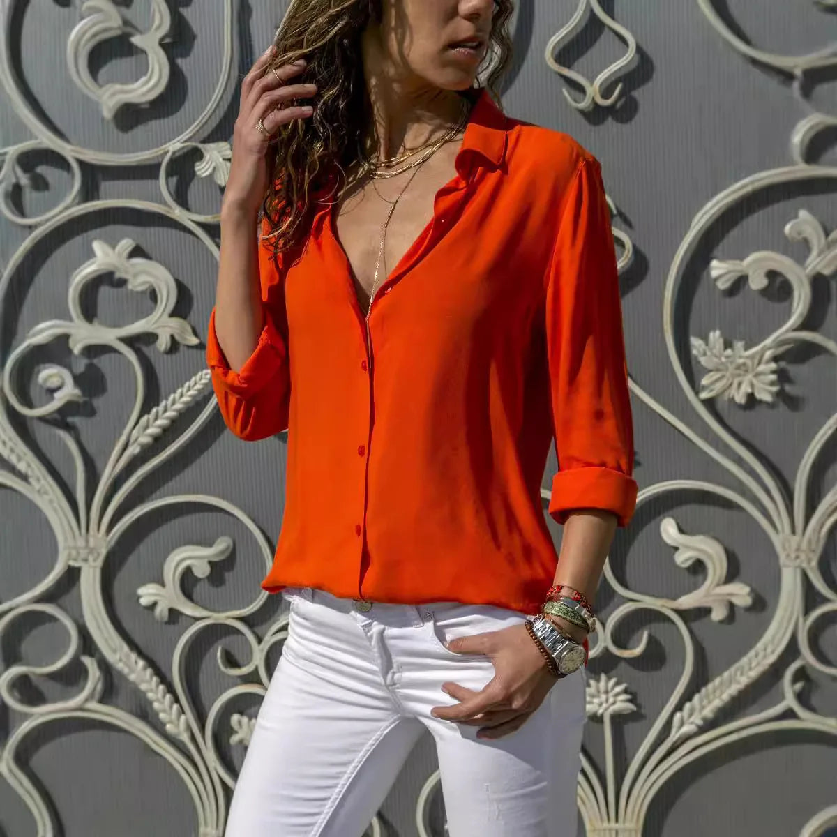 Informal Monochromatic Extended Sleeve Button Blouse