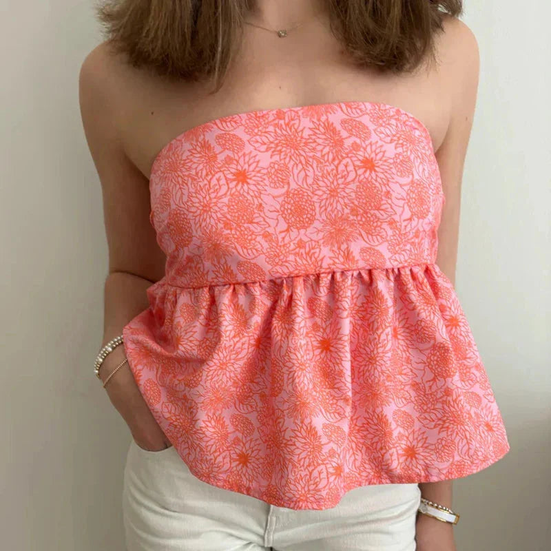 Cute Summer Floral Strapless Bandeau 00s Backless Tie Up Bodydoll Y2K Crop Top
