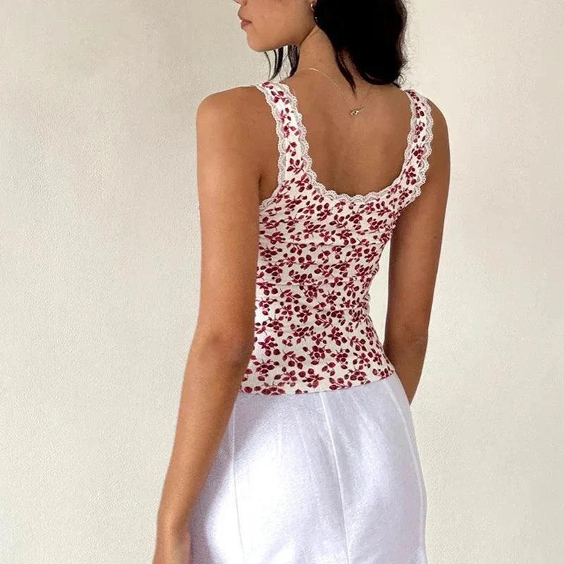 Lace Trim Slim Fit Y2K Summer Floral Sleeveless Casual Basic Crop Top