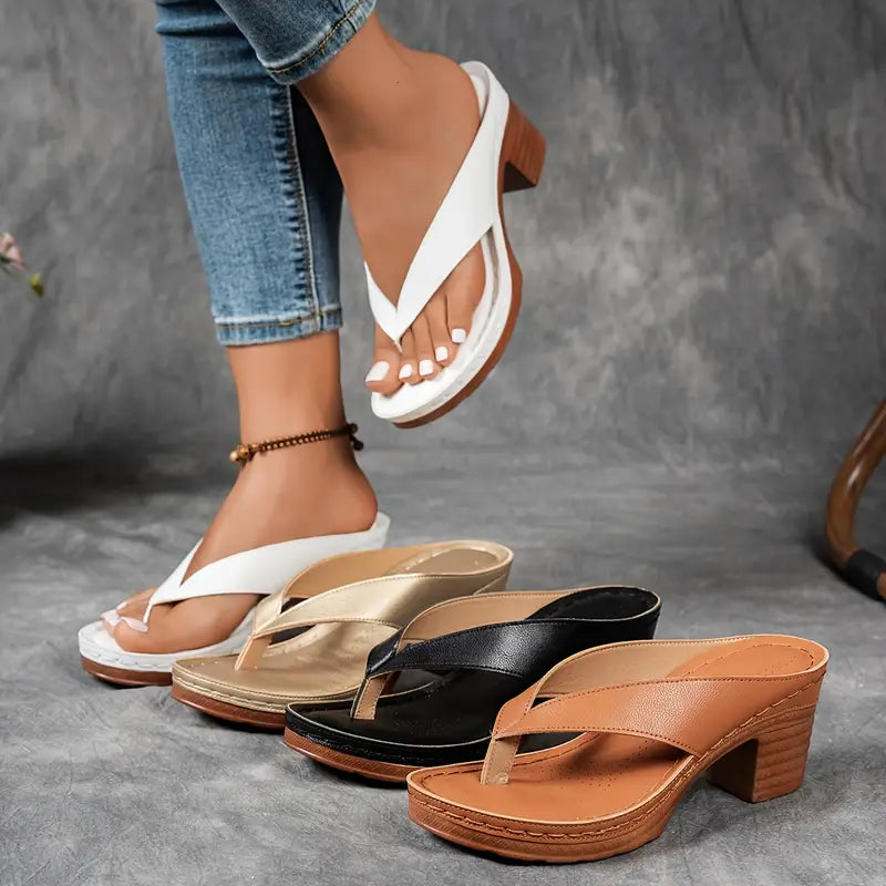 Metallic Thong Strap Block Heel Sandal