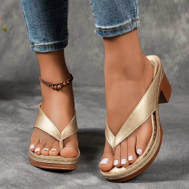Metallic Thong Strap Block Heel Sandal
