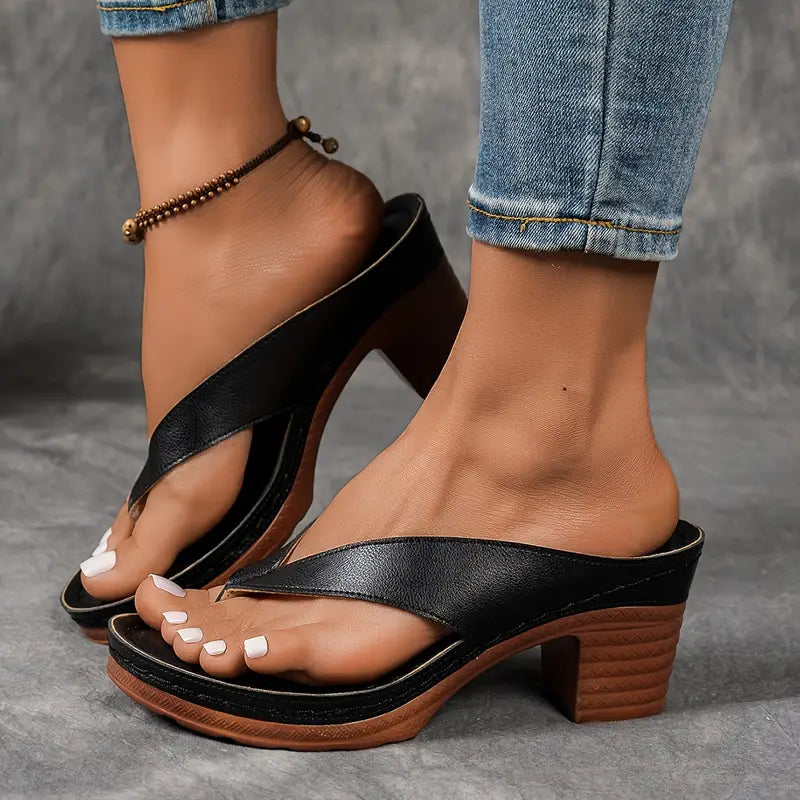 Metallic Thong Strap Block Heel Sandal