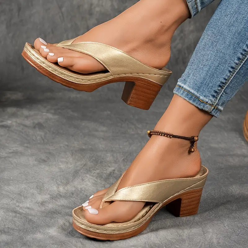 Metallic Thong Strap Block Heel Sandal