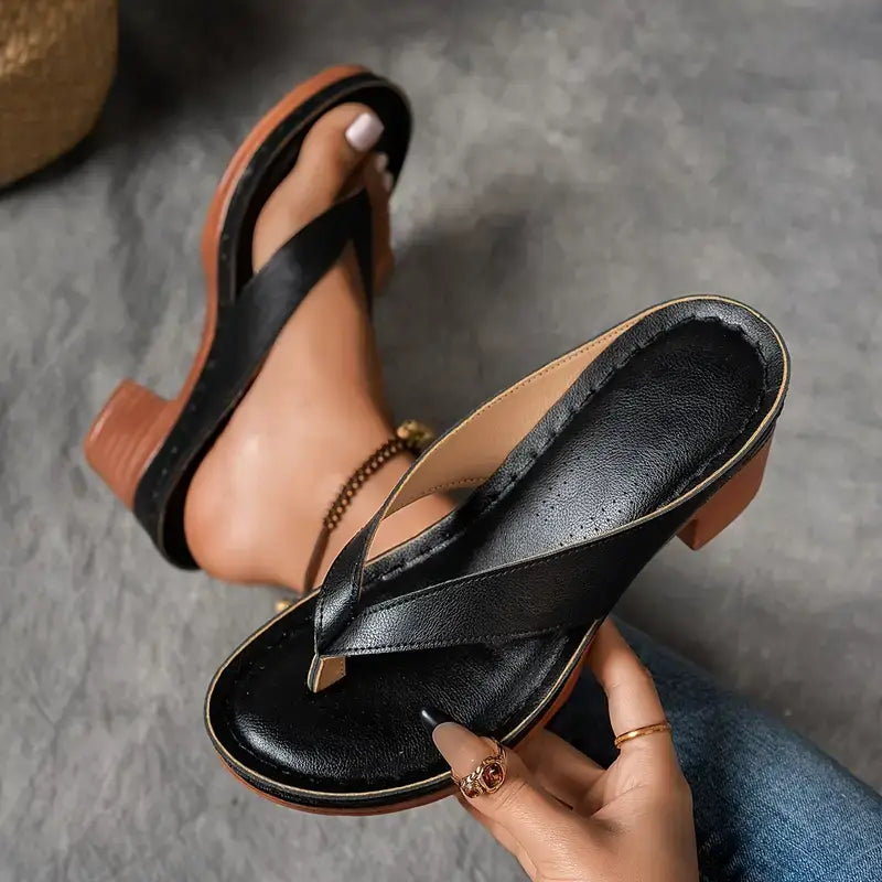 Metallic Thong Strap Block Heel Sandal