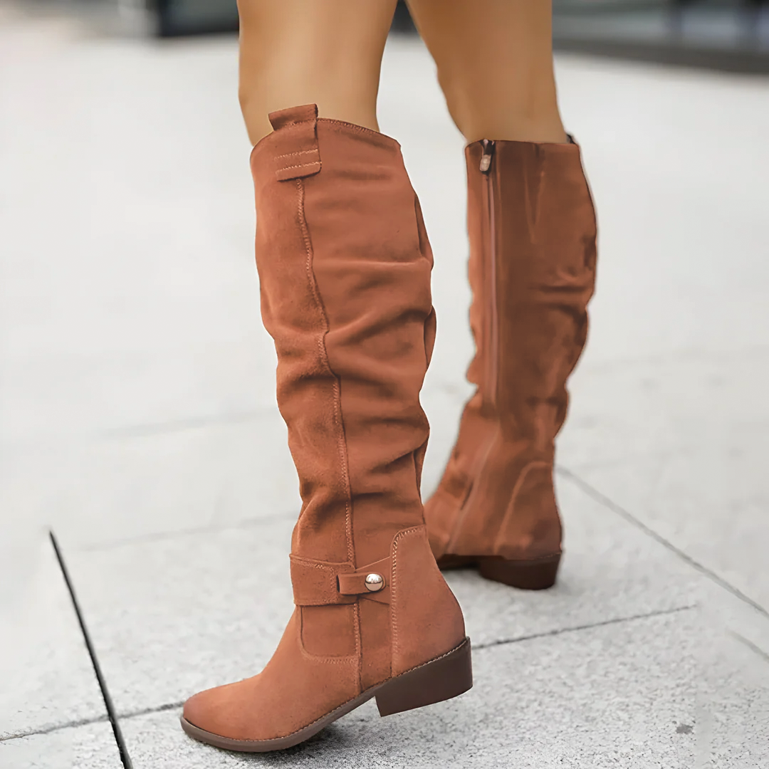 Suede Slouch Ankle Strap Low Block Heel Knee High Boots