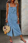 Denim Pinafore Overall Midi Dress