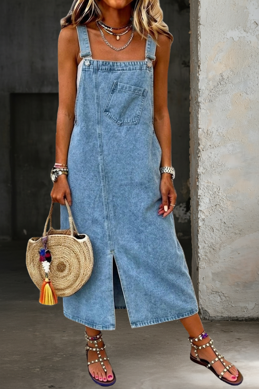 Denim Pinafore Overall Midi Dress