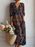Vaneesa -  Vintage Flower Art Print Linen Pocket Tunic Dress