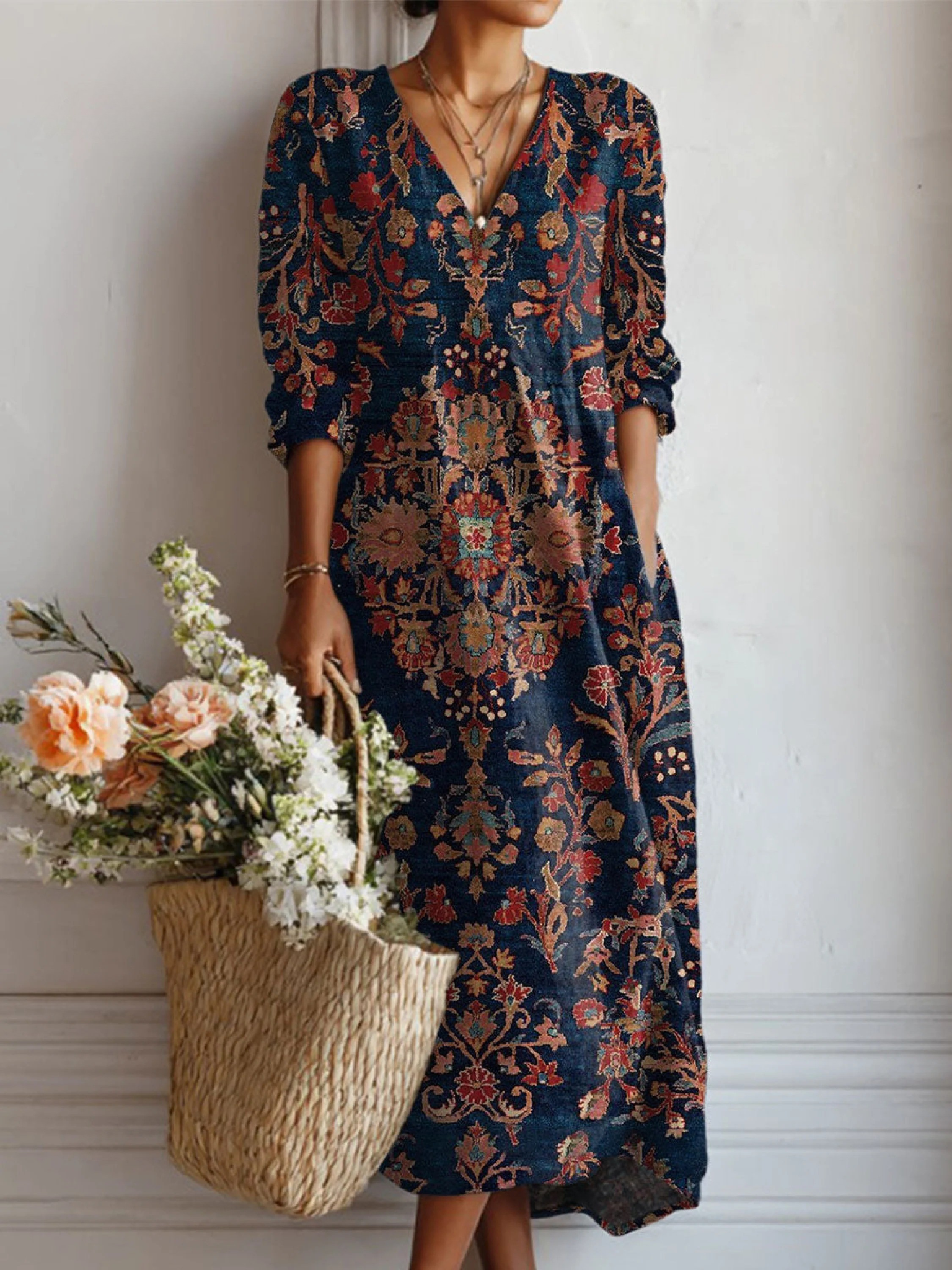 Vaneesa -  Vintage Flower Art Print Linen Pocket Tunic Dress