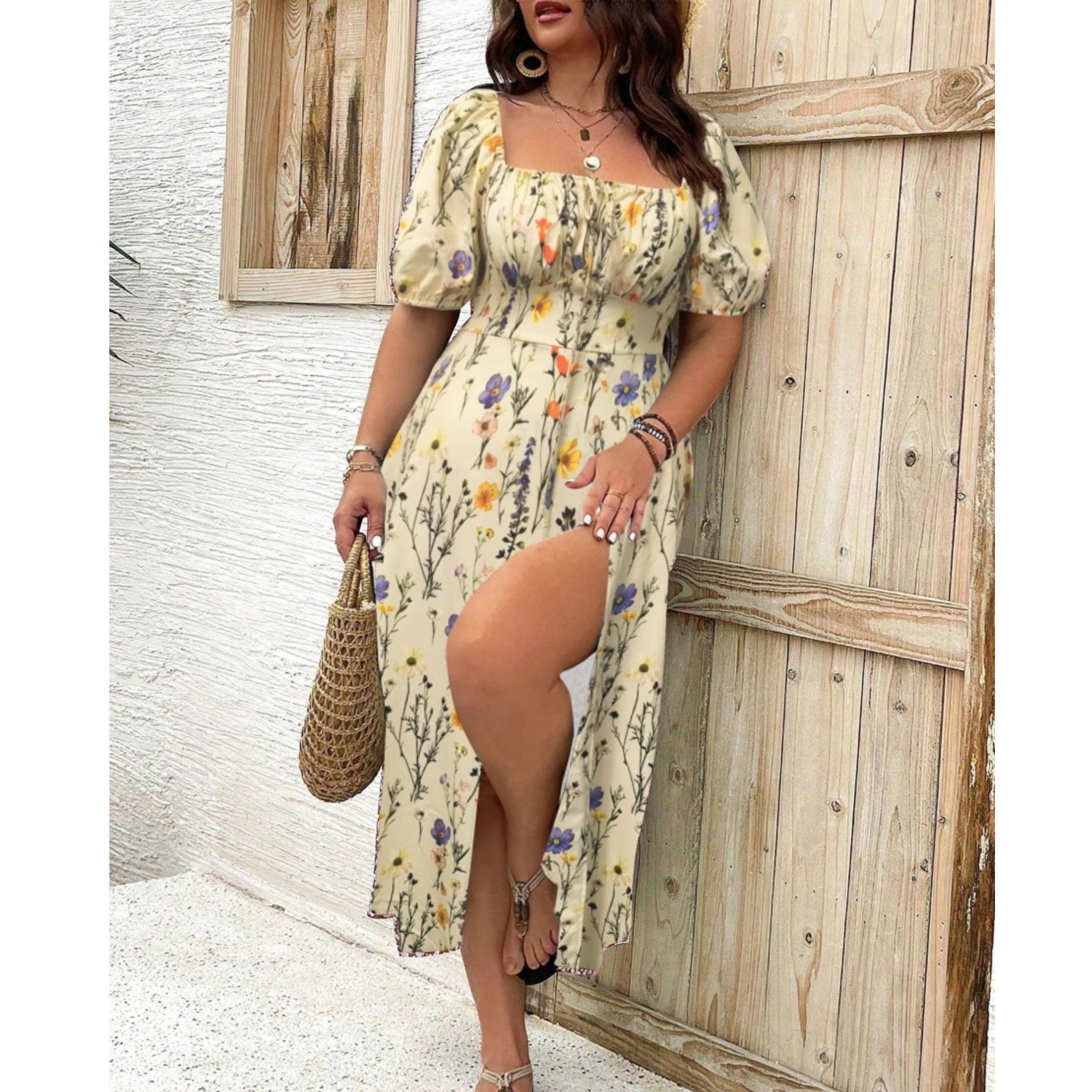 Plus Size Floral Puff Sleeve Maxi Dress